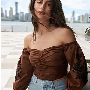 Express Embroidered Off The Shoulder Cropped Top
